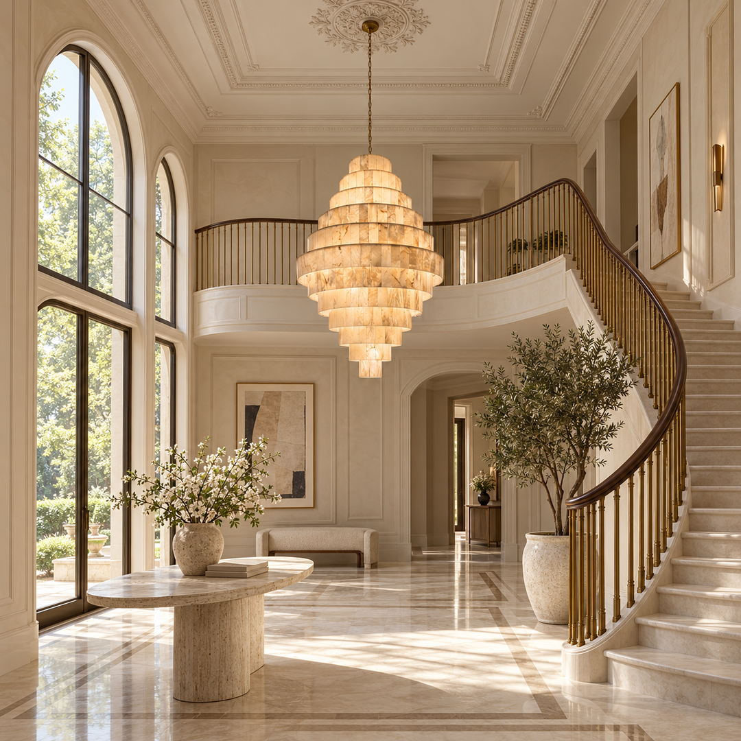 A grand, elegant interior entryway with a large tiered chandelier hanging in the center of a high-ceilinged hall with a sweeping staircase, marble floors, tall windows, and potted plants.