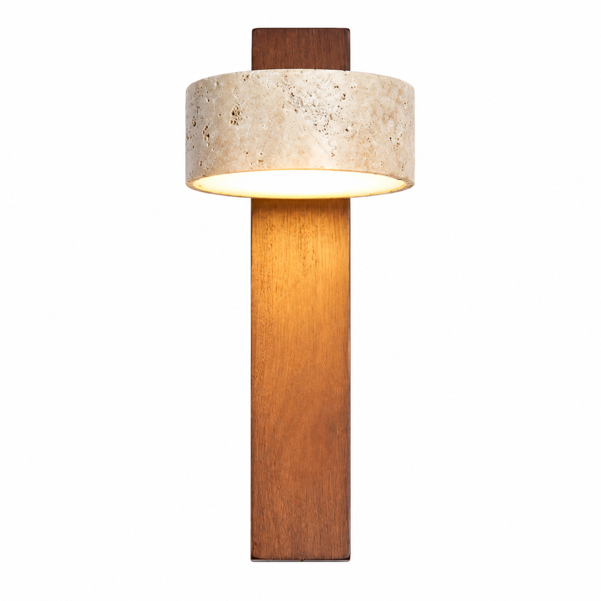 A modern wall sconce featuring a tall, rectangular warm brown wood base, a cylindrical textured beige stone shade, and a dark brown wood mounting plate, shown illuminated against a solid white background.