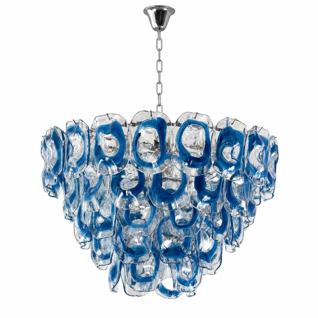 A modern multi-tier chandelier featuring textured, translucent blue and clear glass rings suspended from a polished silver-toned metal chain and canopy, shown against a plain white background.
