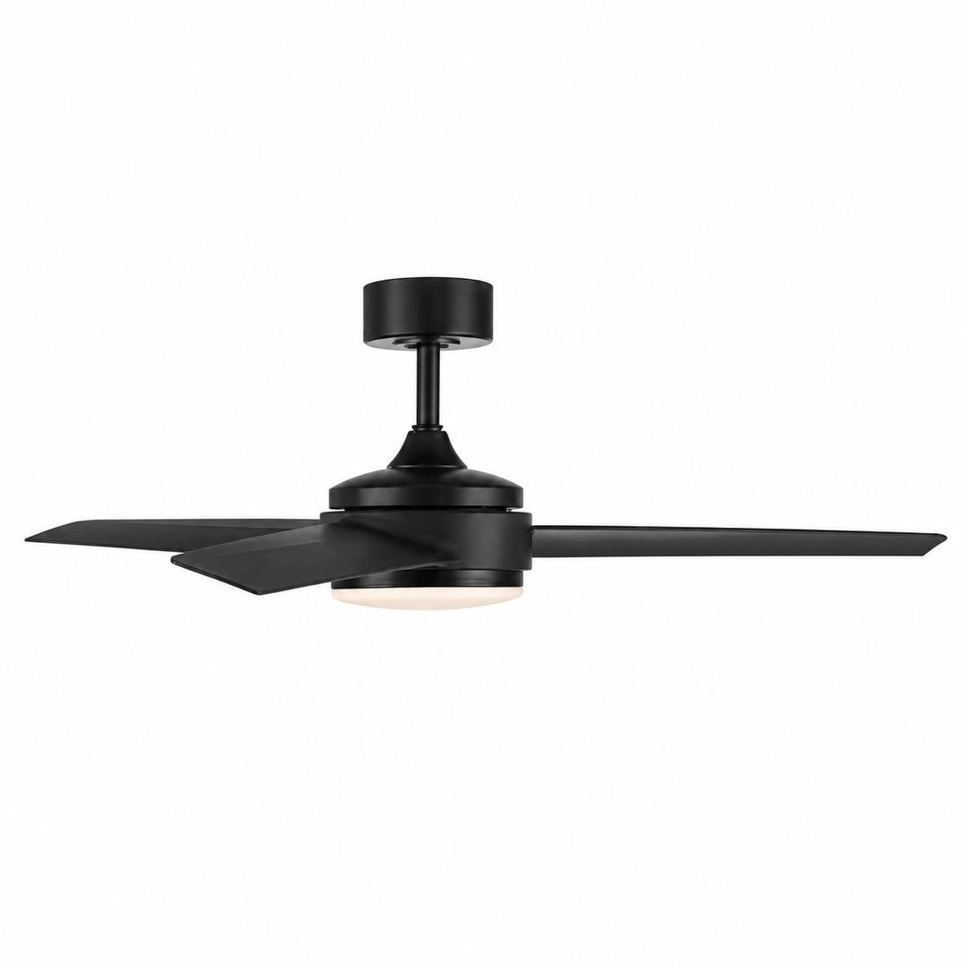 A modern matte black 3-blade ceiling fan with a central light fixture, shown against a plain white background.