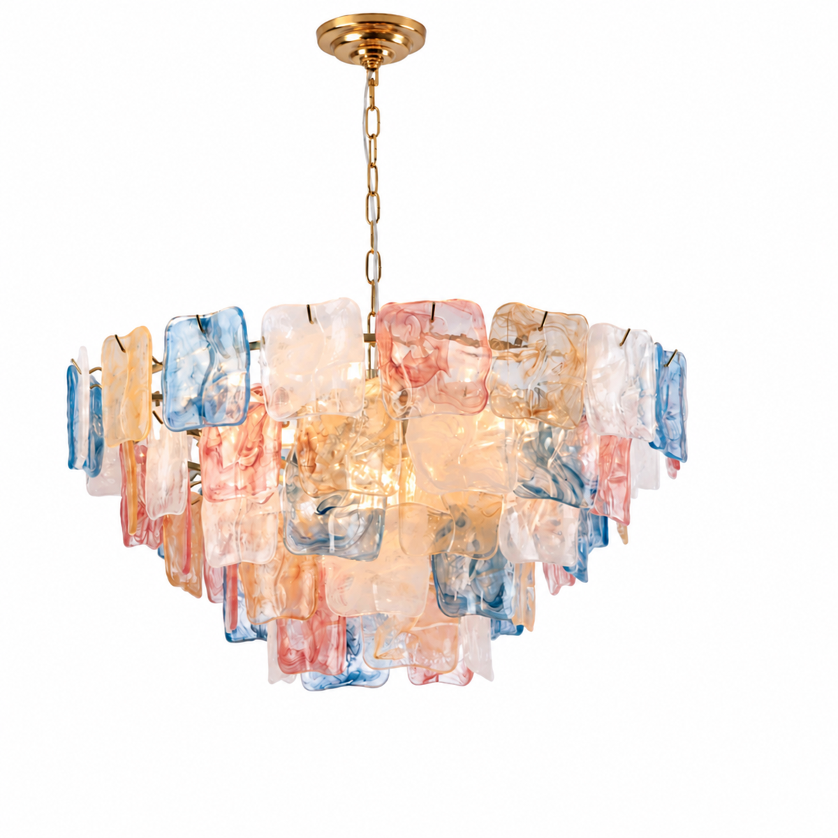 A modern multi-light chandelier featuring layered, translucent rectangular glass shades in blue, pink, and clear tones, suspended from a gold-toned chain and canopy against a solid white background.
