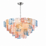 A modern multi-light chandelier featuring a brushed silver metal canopy and chain, with multiple rectangular glass shades in a marbled mix of blue, peach, pink, and white.