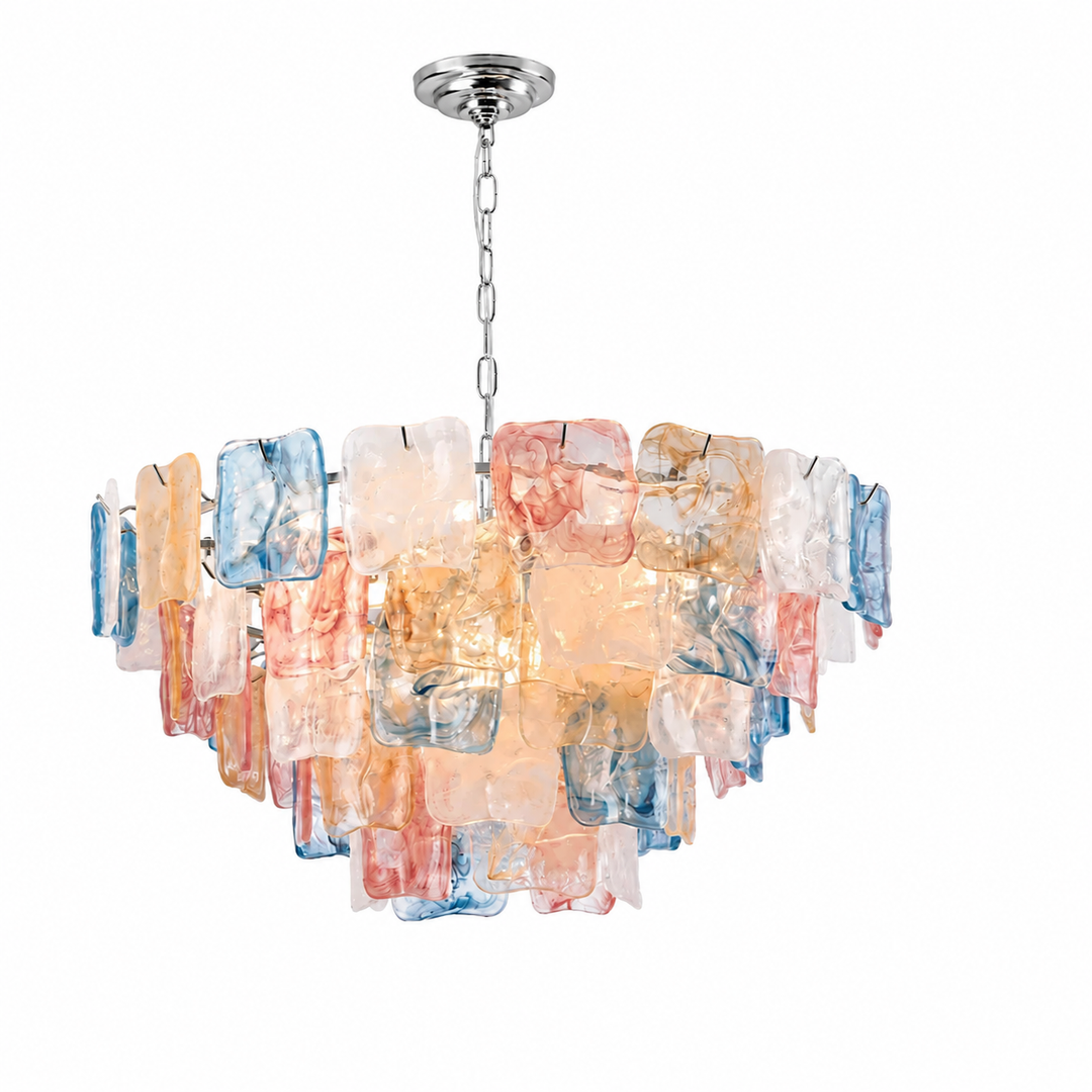 A modern multi-light chandelier featuring a brushed silver metal canopy and chain, with multiple rectangular glass shades in a marbled mix of blue, peach, pink, and white.