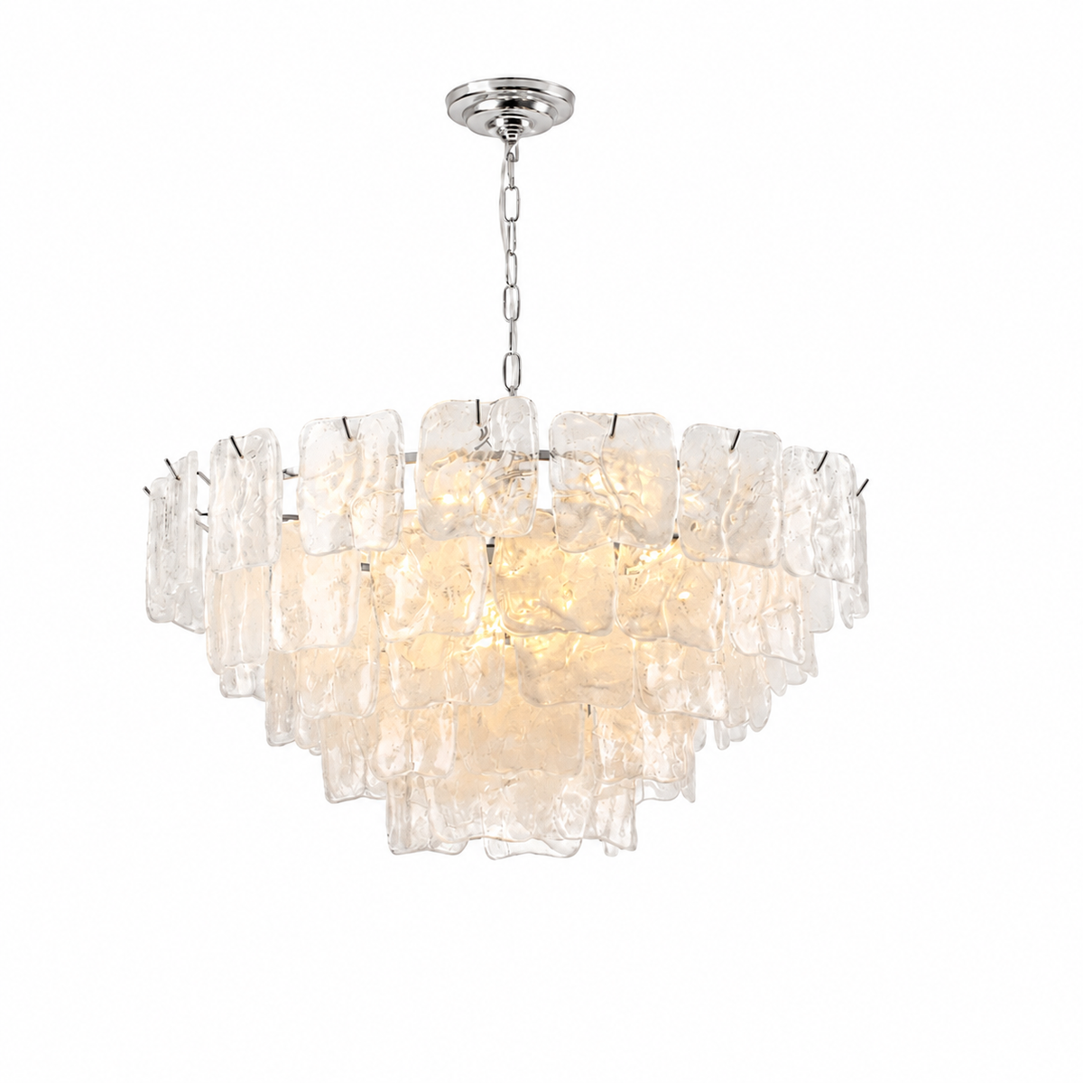 A modern tiered chandelier featuring textured clear glass shades and a polished silver-tone metal canopy and chain, shown against a solid white background.