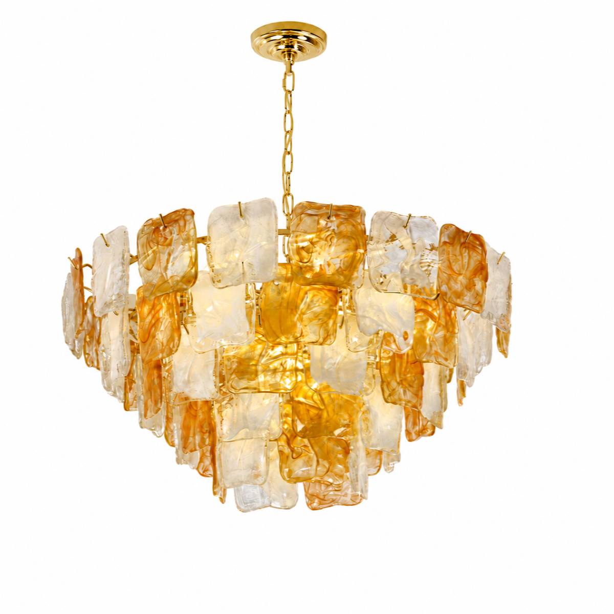 A modern chandelier featuring a gold-finished ceiling canopy and chain, with a tiered ring of irregular translucent glass shades in amber and frosted white, shown against a plain white background.