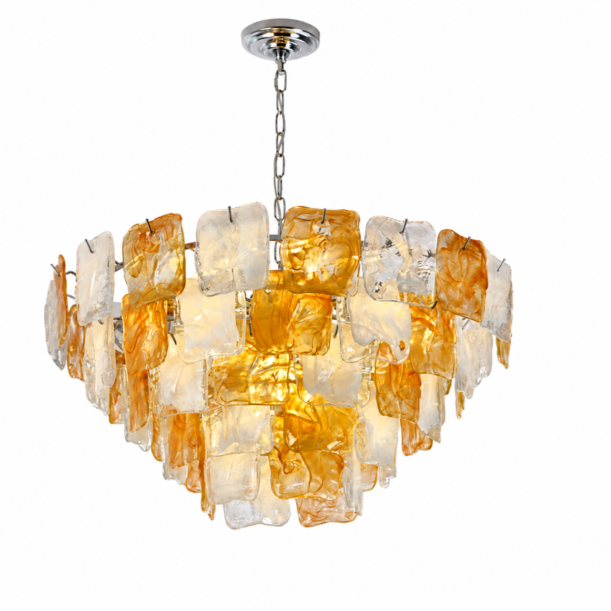 A modern chandelier featuring a cluster of irregular, translucent amber and clear glass blocks suspended by a silver-toned chain and canopy, shown against a plain white background.