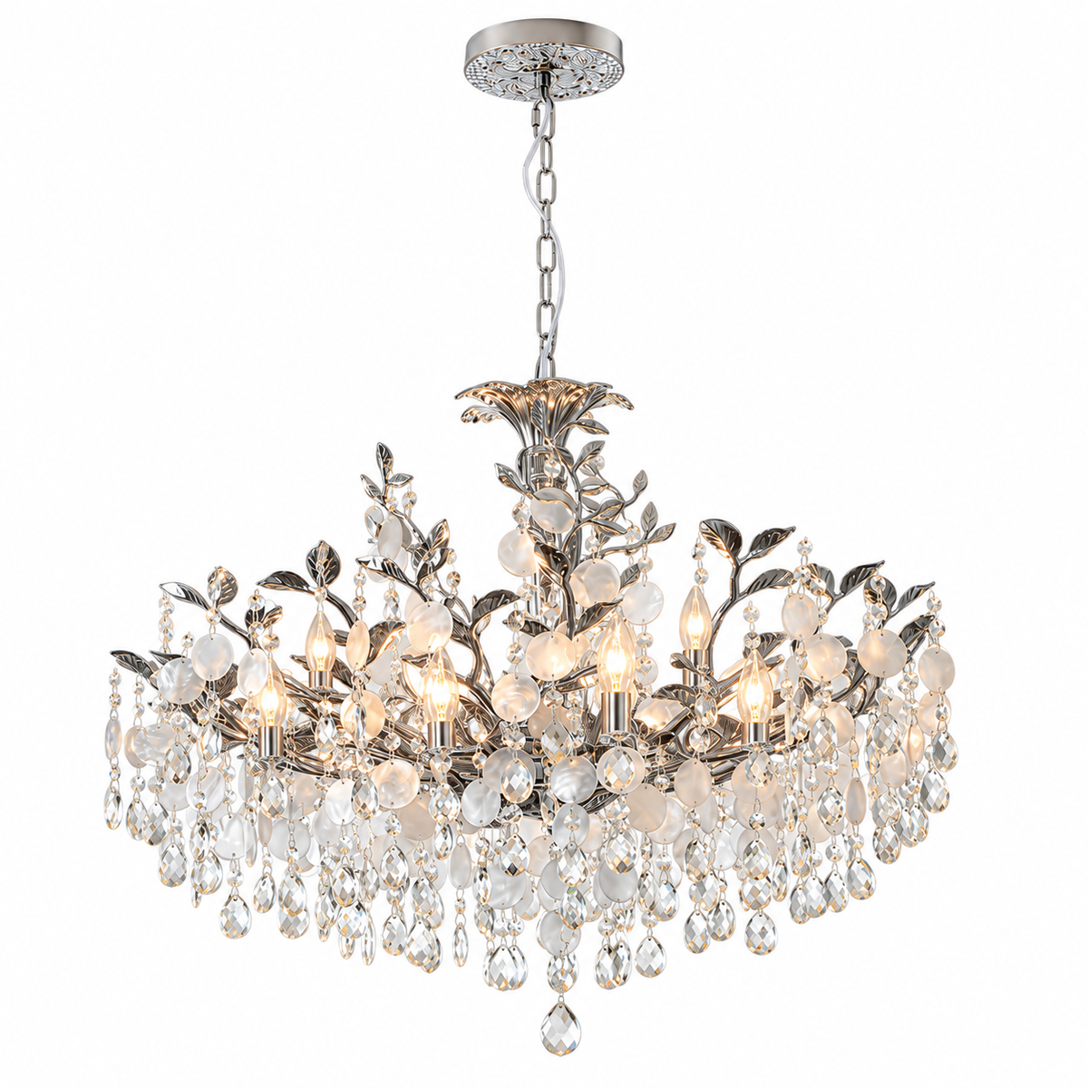 A multi-light crystal chandelier with a silver-toned metal frame featuring leaf and vine details, clear hanging crystal drops, and warm illuminated bulbs, shown against a plain white background.