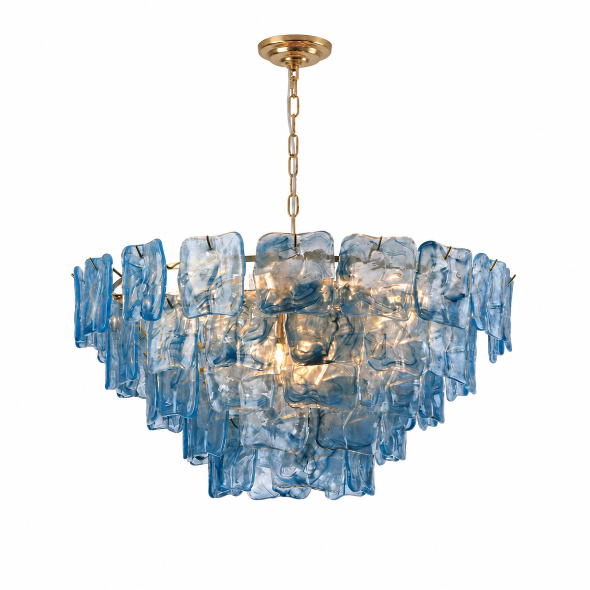A modern tiered chandelier featuring textured, irregular-shaped translucent blue glass shades suspended from a brushed gold brass frame and chain.