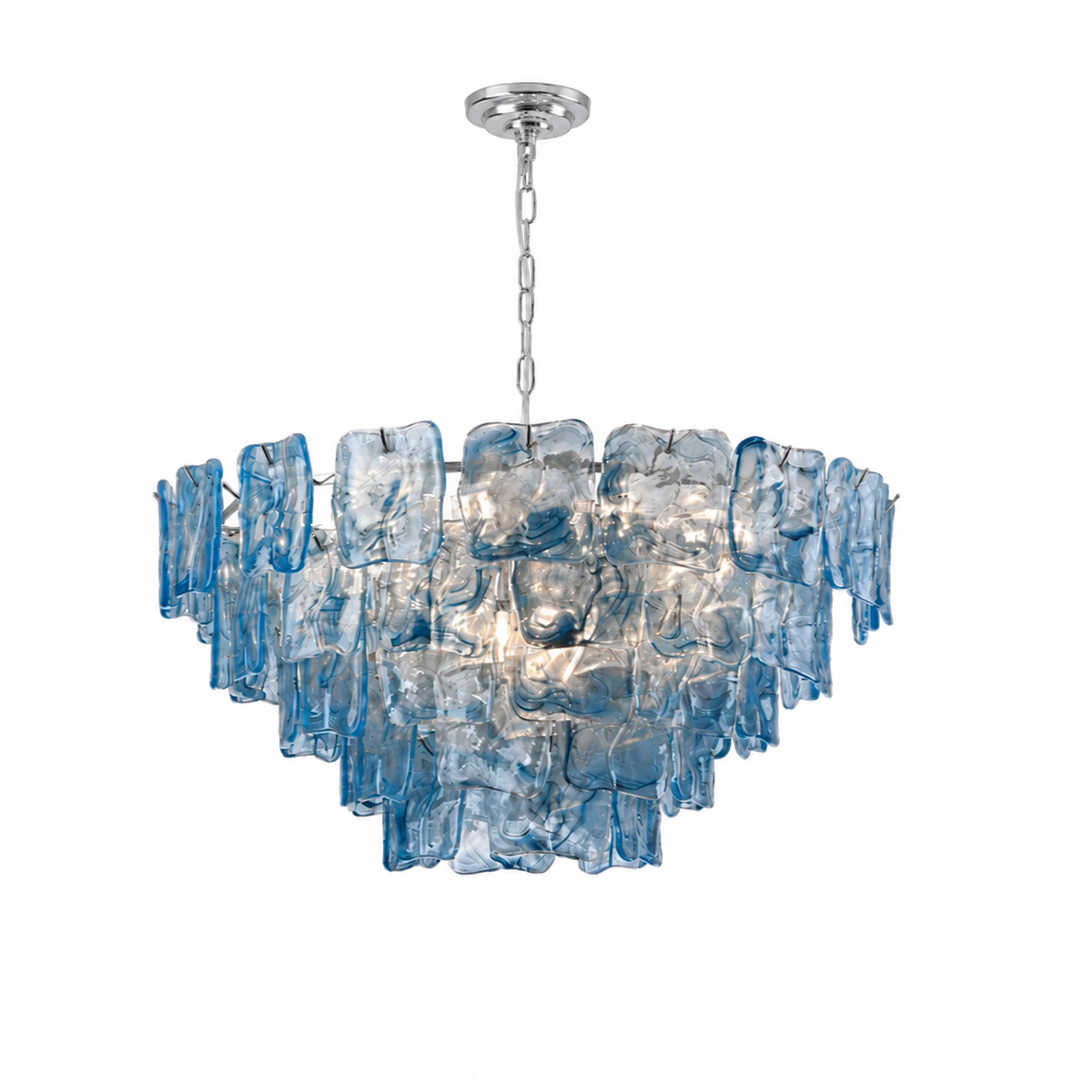 A modern multi-light chandelier featuring textured, translucent blue glass panels in a tiered, cascading design with a polished silver metal canopy and chain.