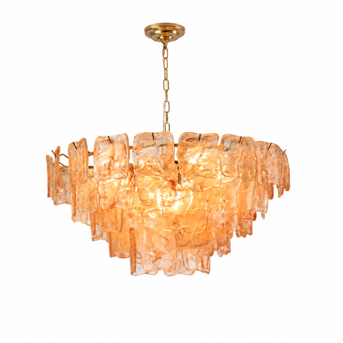 A modern chandelier featuring a tiered, wavy translucent amber-orange glass shade suspended from a gold-toned chain and ceiling canopy, shown against a plain white background.