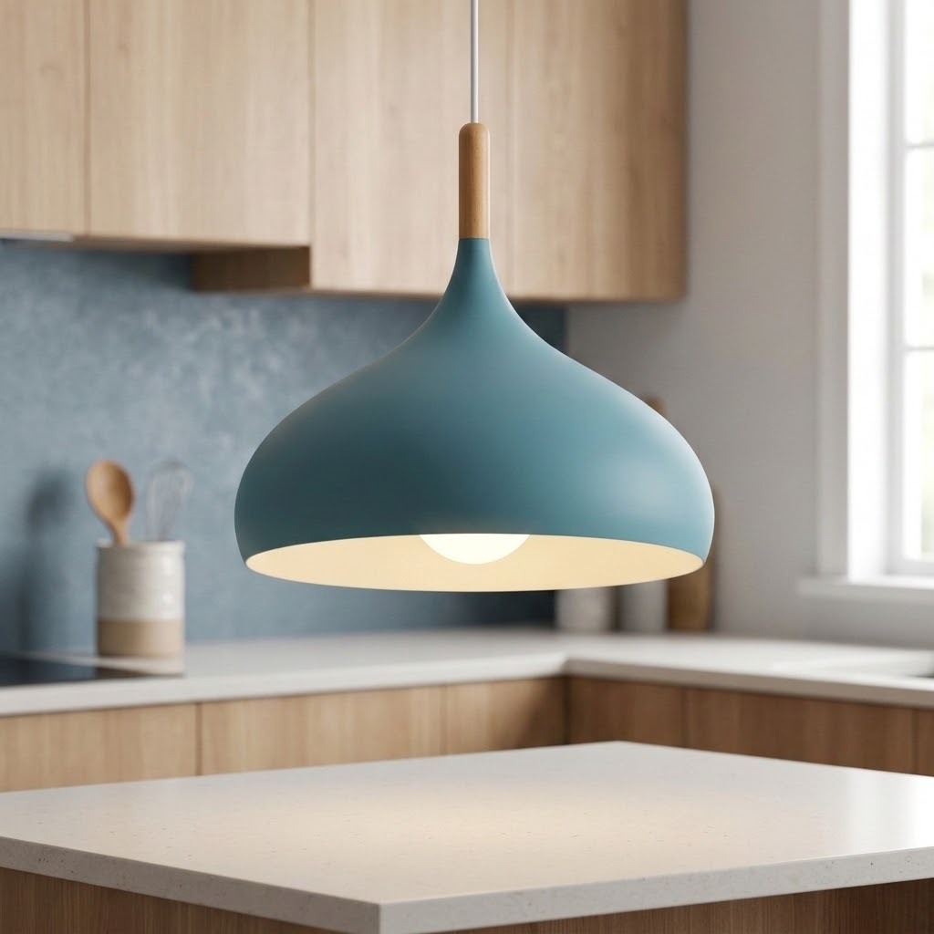 A modern pendant light with a matte blue-gray shade, a light wood neck, and a glowing warm white bulb, hanging in a contemporary kitchen setting.