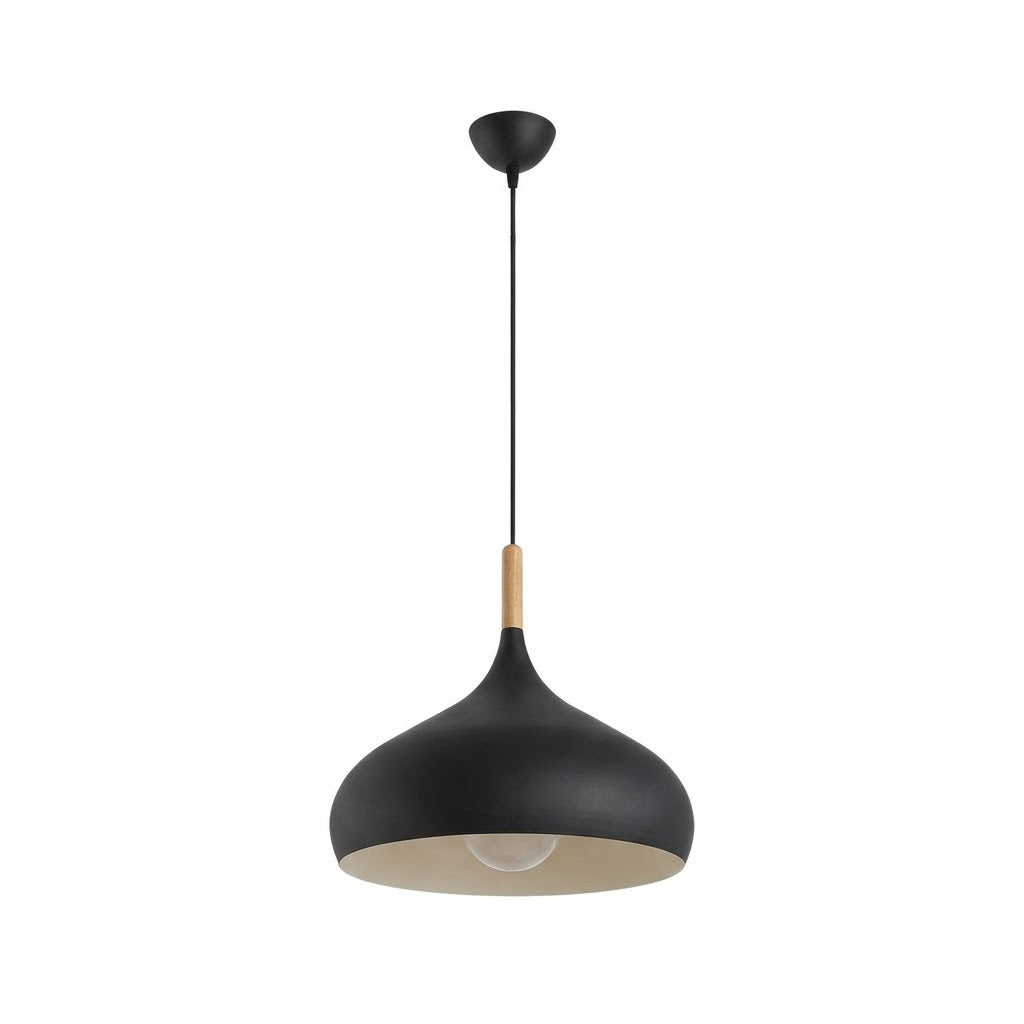 A modern pendant light fixture with a matte black dome-shaped shade, a natural light wood accent ring, and a black ceiling canopy and cord, shown against a plain white background.