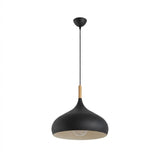 A modern pendant light fixture with a matte black dome-shaped shade, a natural light wood accent ring, and a black ceiling canopy and cord, shown against a plain white background.
