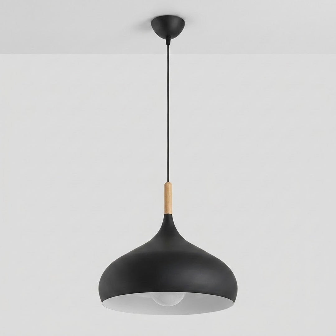 A modern black pendant light with a conical shade, a light wood accent near the top, and a black cord hanging from a ceiling mount against a white wall.