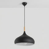 A modern black pendant light with a conical shade, a light wood accent near the top, and a black cord hanging from a ceiling mount against a white wall.
