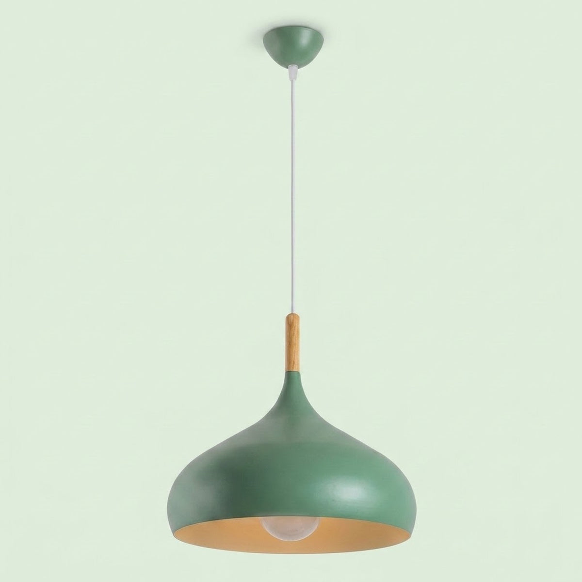 A modern pendant light with a matte sage green dome-shaped shade, a light wood accent, and a warm gold interior, suspended against a pale green background.