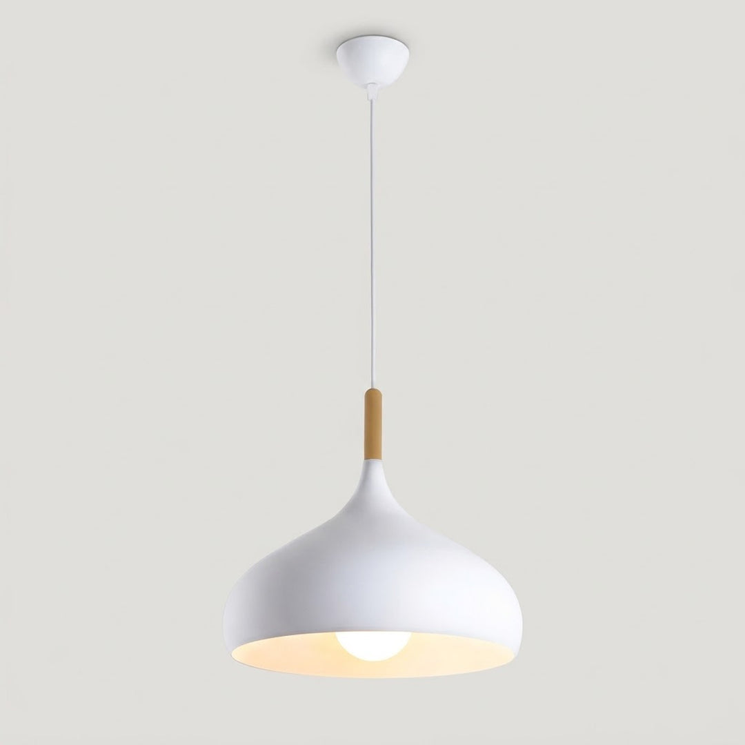A modern white pendant light with a wide, rounded shade, a thin white cord, and a small natural wood accent near the top, shown against a light gray background.