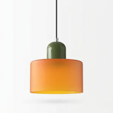 An orange glass chandelier with an olive green rounded top hangs from a black cord against a white background.