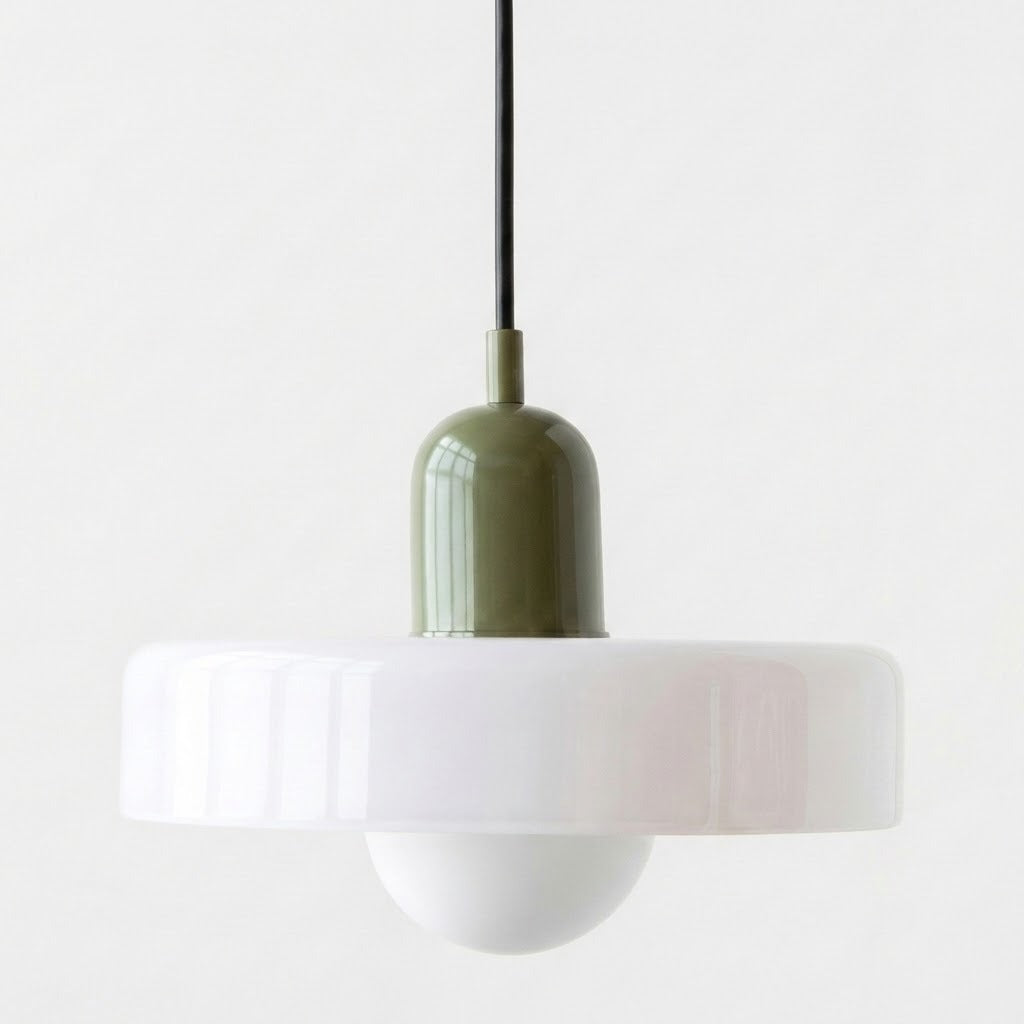 A modern pendant light with a wide white flared shade, a white globe bulb, and an olive green cylindrical neck on a black cord, shown against a plain white background.