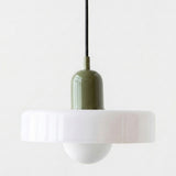 A modern pendant light with a wide white flared shade, a white globe bulb, and an olive green cylindrical neck on a black cord, shown against a plain white background.