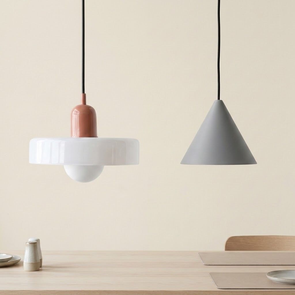 Two modern pendant lights hanging above a light wood table against a warm beige wall. The left light has a white circular shade, a terracotta-colored cylindrical bulb, and a white globe bulb.