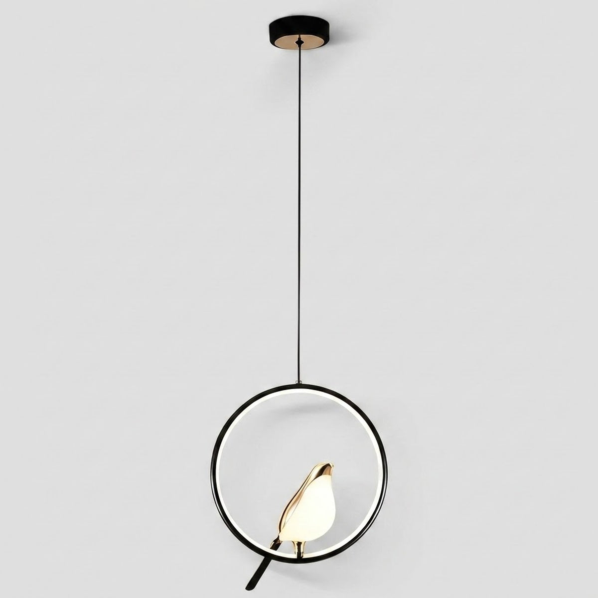 Modern pendant light fixture with a black circular ring, black cord, and a warm glowing white and gold leaf-shaped bulb, shown against a light gray background.