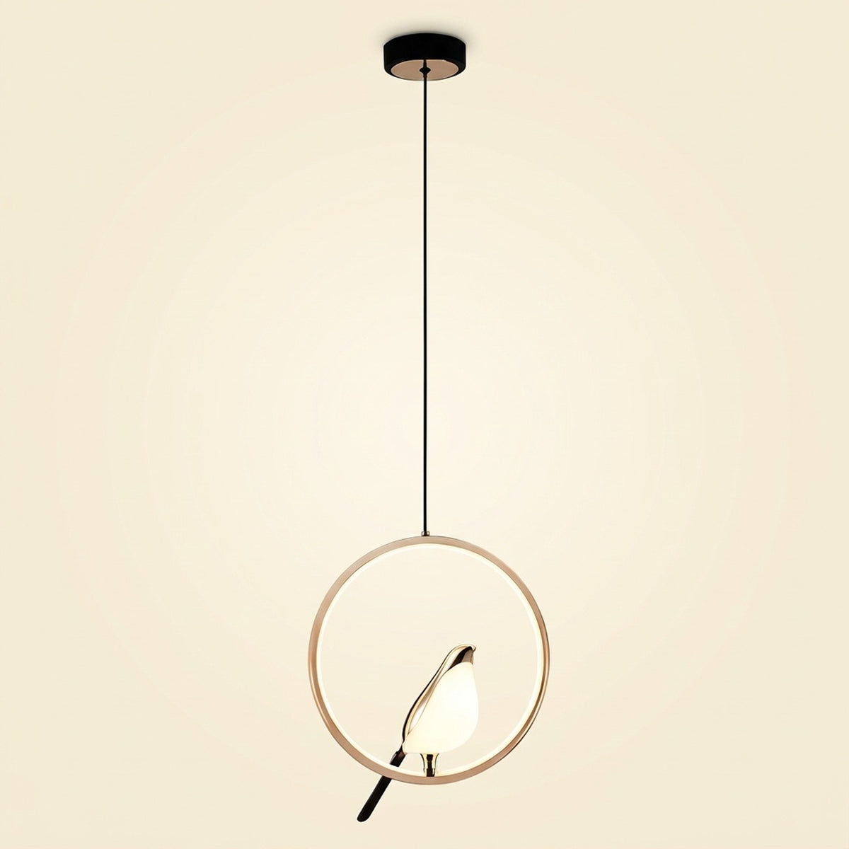 A modern pendant light with a thin circular gold-toned frame, a black hanging cord, a black ceiling canopy, and a small bird-shaped bulb or light element inside the ring, shown against a plain warm off-white background.