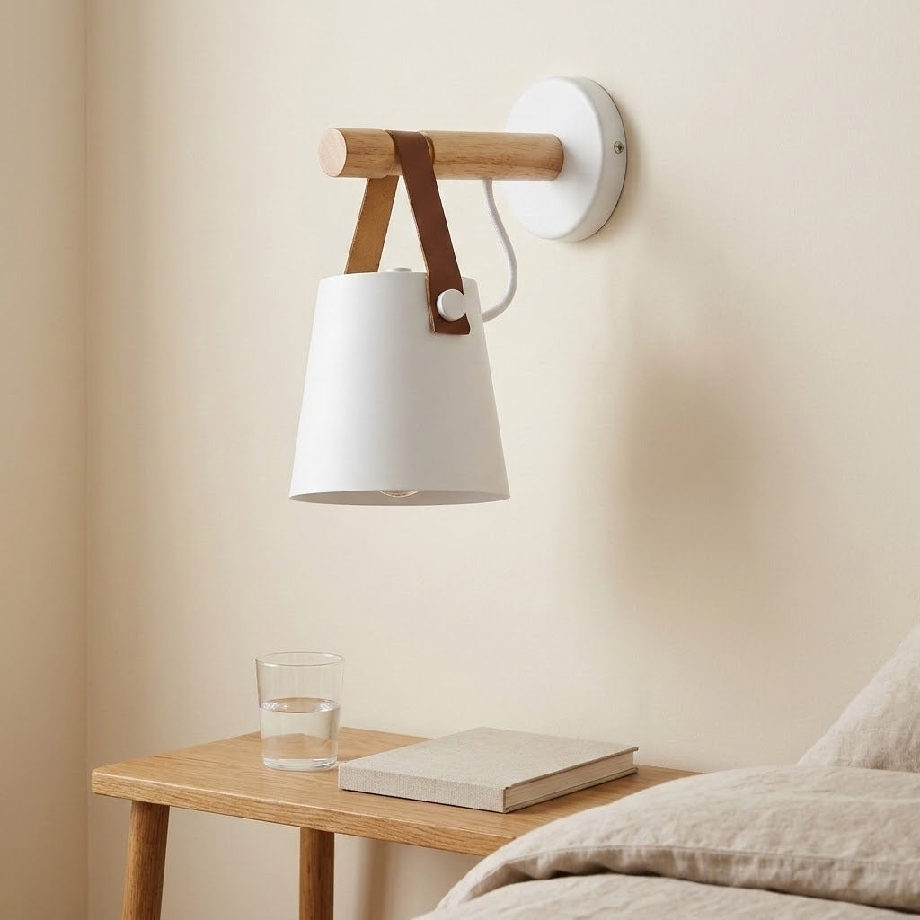 A modern wall-mounted sconce with a white conical shade, light wood horizontal arm, and brown leather strap, shown lit in a bedroom setting above a wooden bedside table.