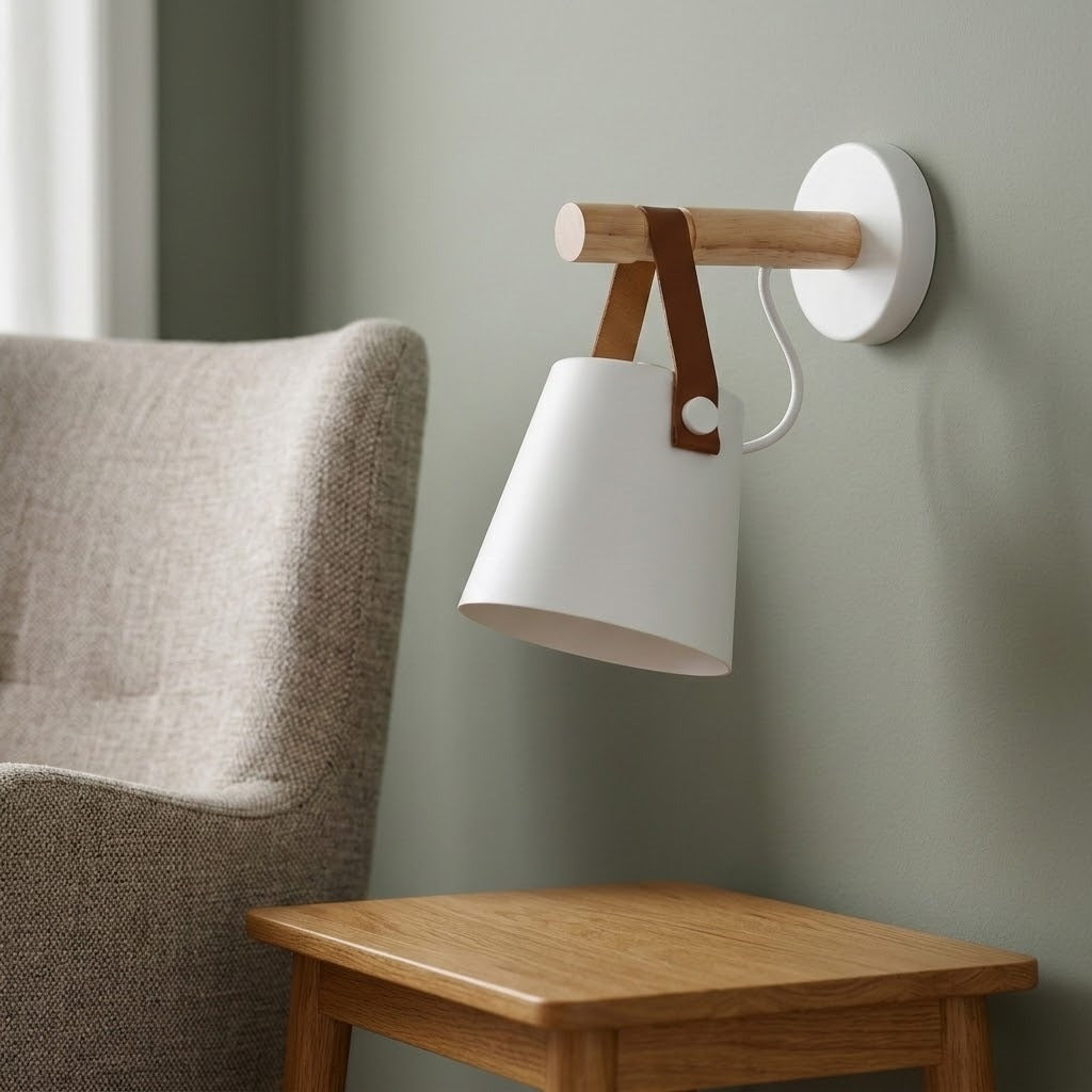 A modern wall-mounted sconce lamp with a white conical shade, light wood rod, and brown leather strap, shown mounted on a sage green wall above a wooden side table next to a textured armchair.