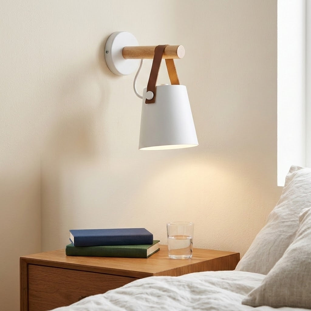 White wall sconce with a wooden peg and brown straps shines above a bedside table holding books and a glass.
