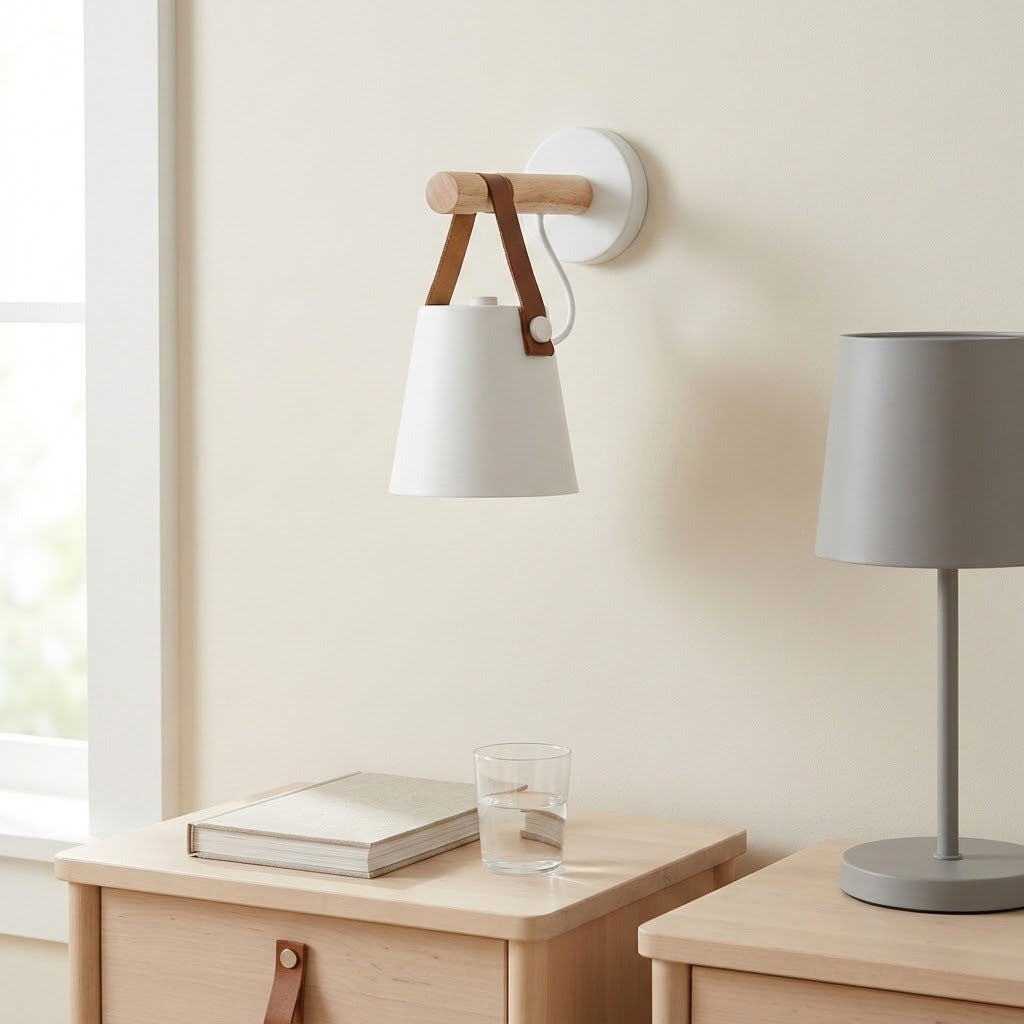 A wall-mounted sconce with a white conical shade, light wood rod, and brown leather straps, shown lit in a softly styled room beside a gray table lamp and a light wood bedside table.