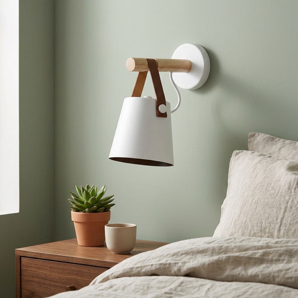 Unlit white wall sconce with wood and brown straps hangs on a sage wall above a nightstand with a plant and cup.