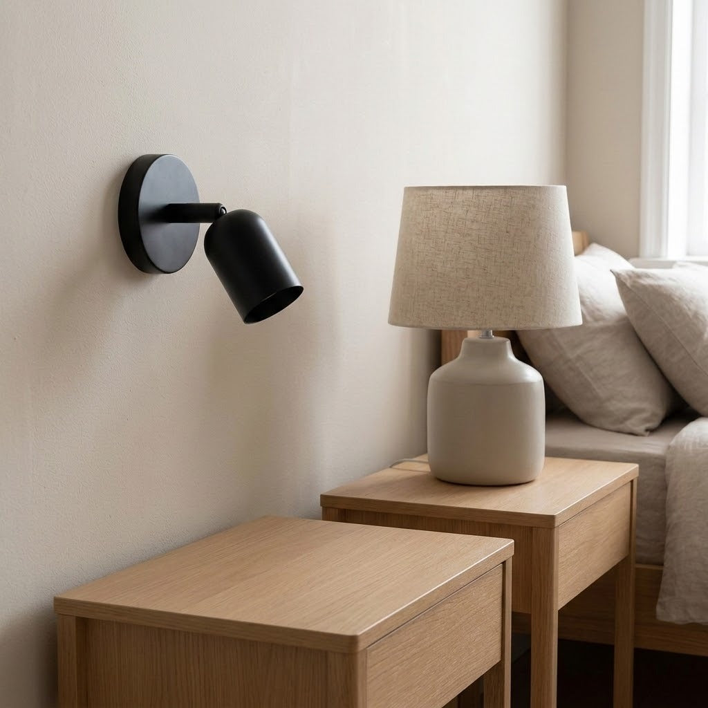 A black wall sconce with a downward angled shade is mounted above wooden bedside tables beside a bed and table lamp.