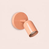 Glossy peach-pink wall sconce with a downward-angled shade and visible bulb against a pale pink background.