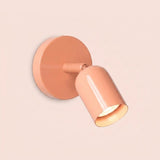 Peach-pink wall sconce with a round backplate and glowing bulb against a pale pink background.