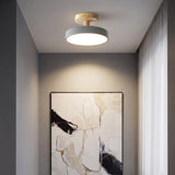 A modern semi-flush mount ceiling light with a circular white shade and a light wood ceiling canopy, mounted on a white ceiling in a hallway above a framed abstract painting.