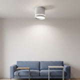 A white cylindrical LED downlight with a glowing accent ring illuminates a living room above a blue sofa.