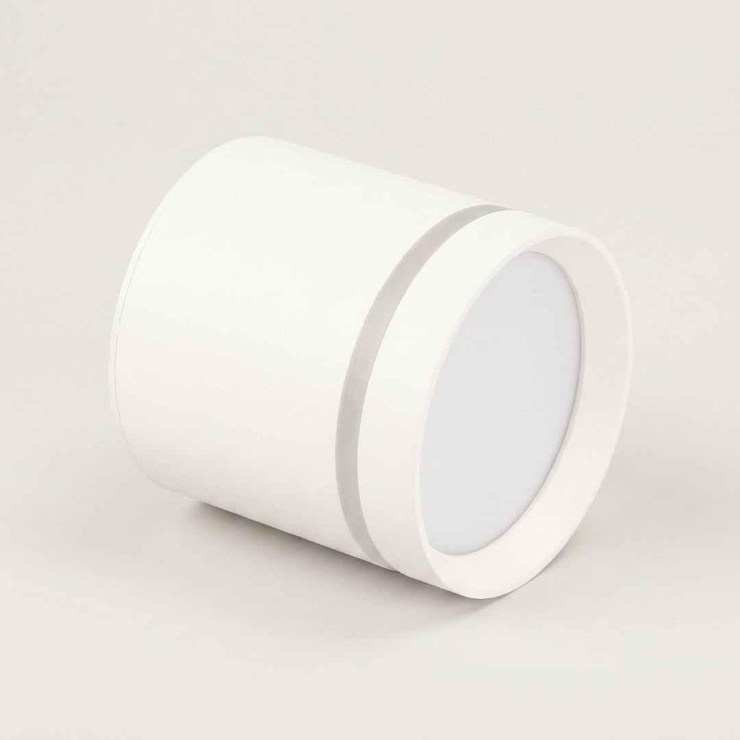 A white cylindrical LED downlight rests on its side against a light gray background, with a white diffuser and silver trim.