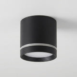 A black cylindrical LED downlight with a silver-colored accent ring and white diffuser is mounted on a pale ceiling.
