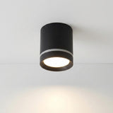 A black cylindrical LED downlight with a silver-colored accent ring casts warm light beneath a white ceiling.