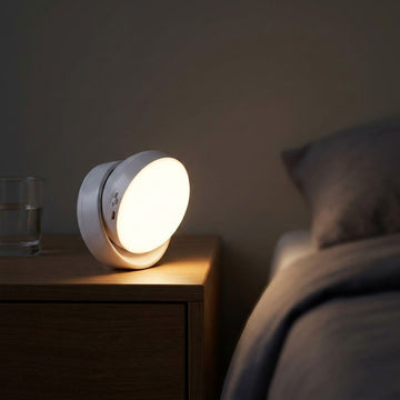 A round white night light casts a warm glow across a wooden bedside cabinet beside a bed in a dark bedroom.