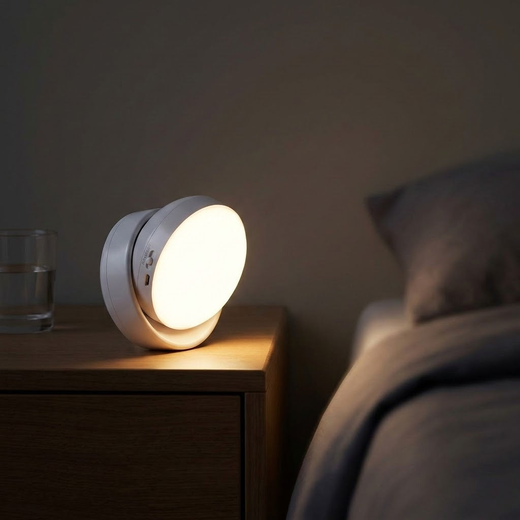 A round white night light casts a warm glow across a wooden bedside cabinet beside a bed in a dark bedroom.