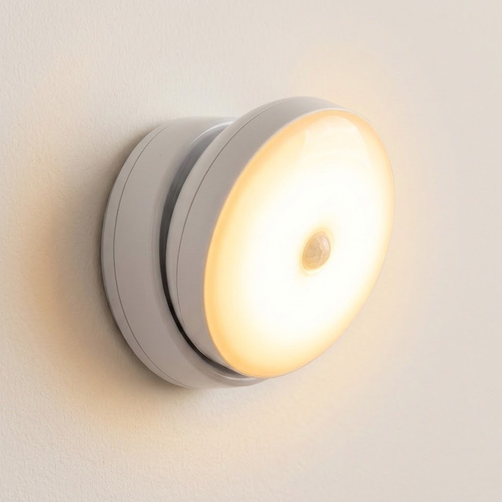 A round white night light mounted on a pale wall glows warmly around its central motion sensor.