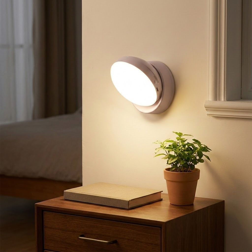 A wall-mounted oval night light glowing warm white on a beige wall above a wooden nightstand with a book and potted plant.