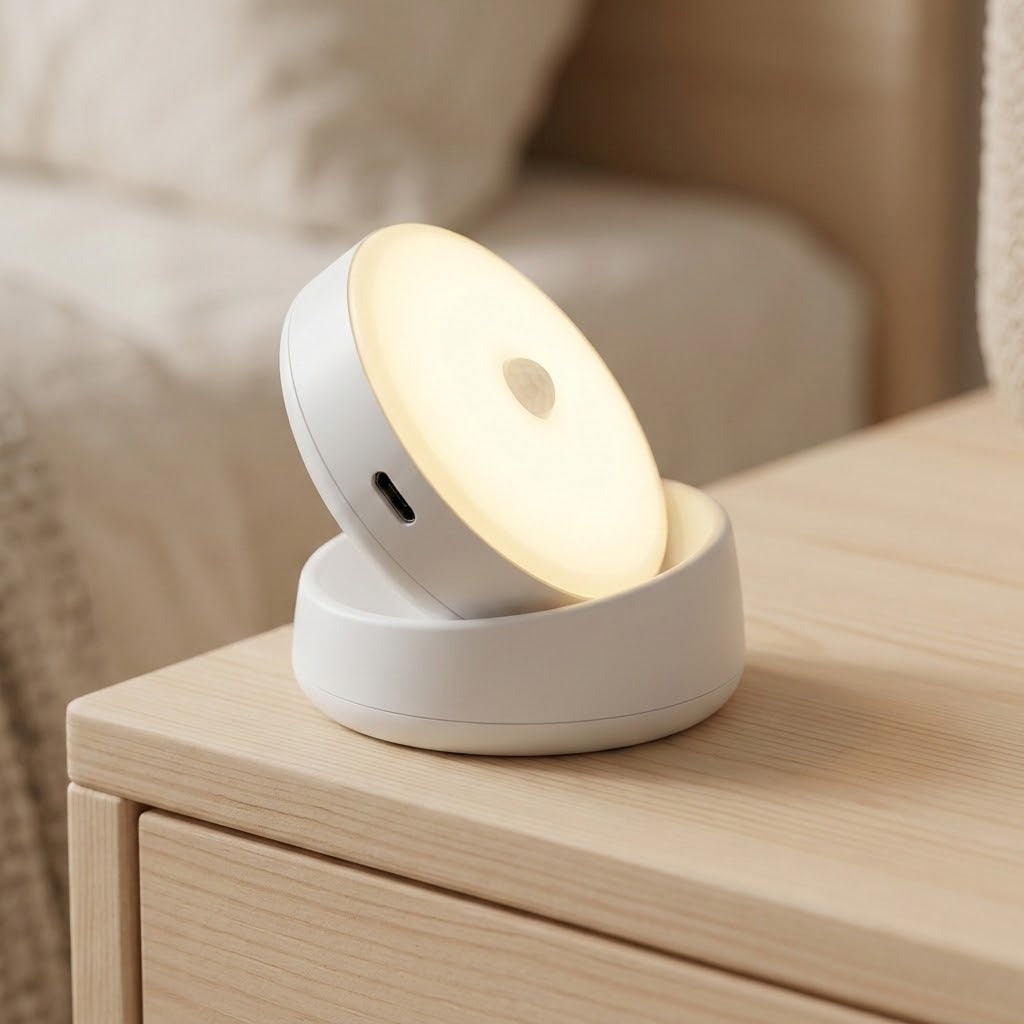 A small round white LED night light with a glowing face, resting on a light wood bedside table in a softly lit bedroom setting.