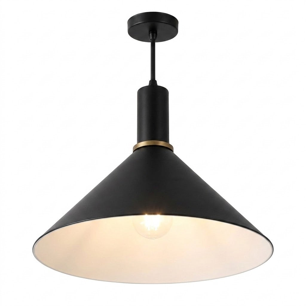 A modern black pendant light fixture with a wide conical shade, a warm white interior, and a brass accent ring, shown against a plain white background.