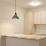 A modern kitchen interior with a green dome pendant light hanging over a white countertop, next to light wood cabinets and a ceiling light.