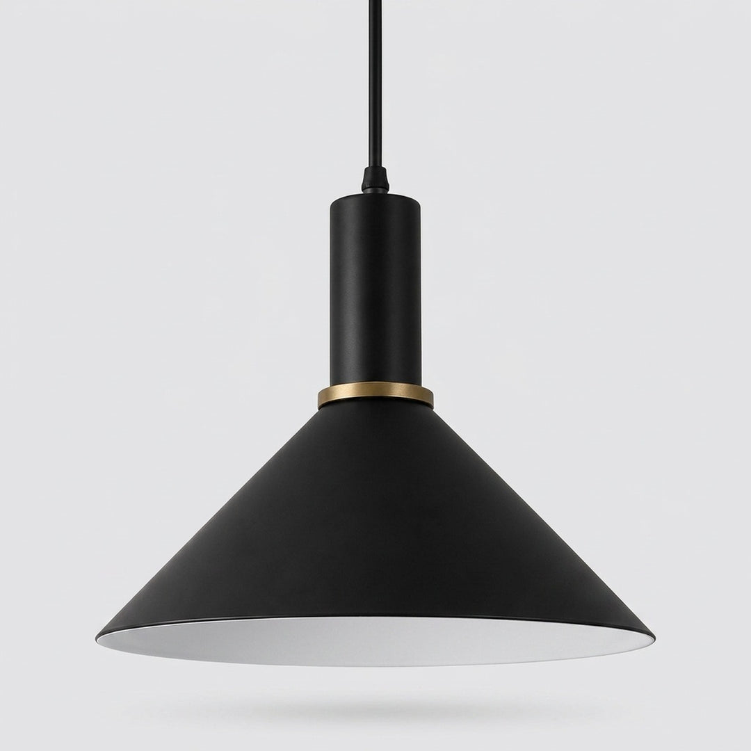 A modern black pendant light with a wide conical shade, a matte black cylindrical neck, and a thin gold accent ring, suspended against a light gray background.