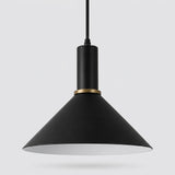 A modern black pendant light with a wide conical shade, a matte black cylindrical neck, and a thin gold accent ring, suspended against a light gray background.