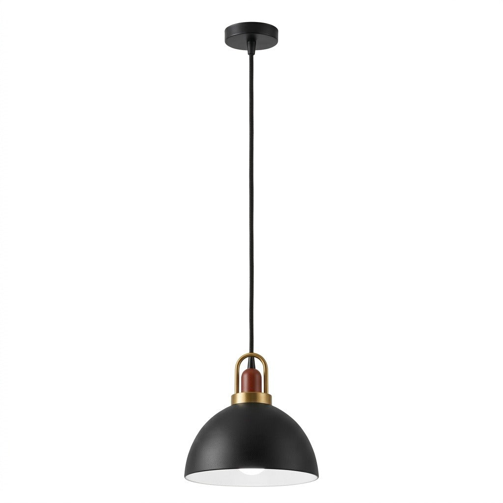 A modern pendant light with a matte black dome shade, a brass-finished metal accent ring, and a small brown wooden detail, suspended by a black cord from a matching black ceiling canopy against a white background.